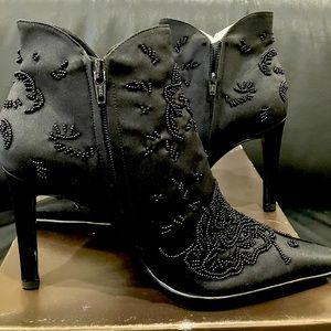 Vintage Enzo Angiolini Black Beaded Satin Dress Booties